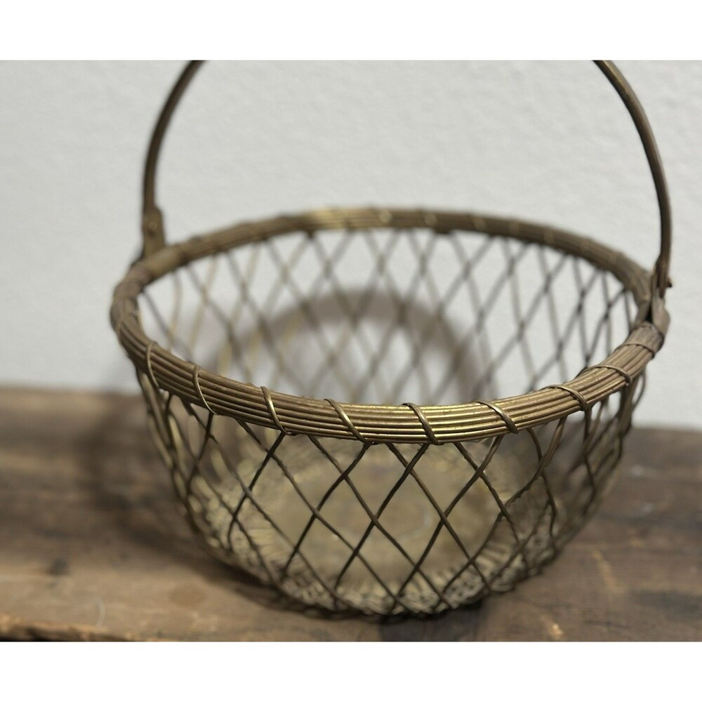 Brass Weave Basket With Moveable Handle Hand Crafted Woven Wire
